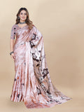 Vedant Vastram Digital Print Japan Satin Silk Party Wear Saree with Unstitched Blouse Piece - Beige | Grocsy