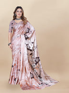 Vedant Vastram Digital Print Japan Satin Silk Party Wear Saree with Unstitched Blouse Piece - Beige | Grocsy