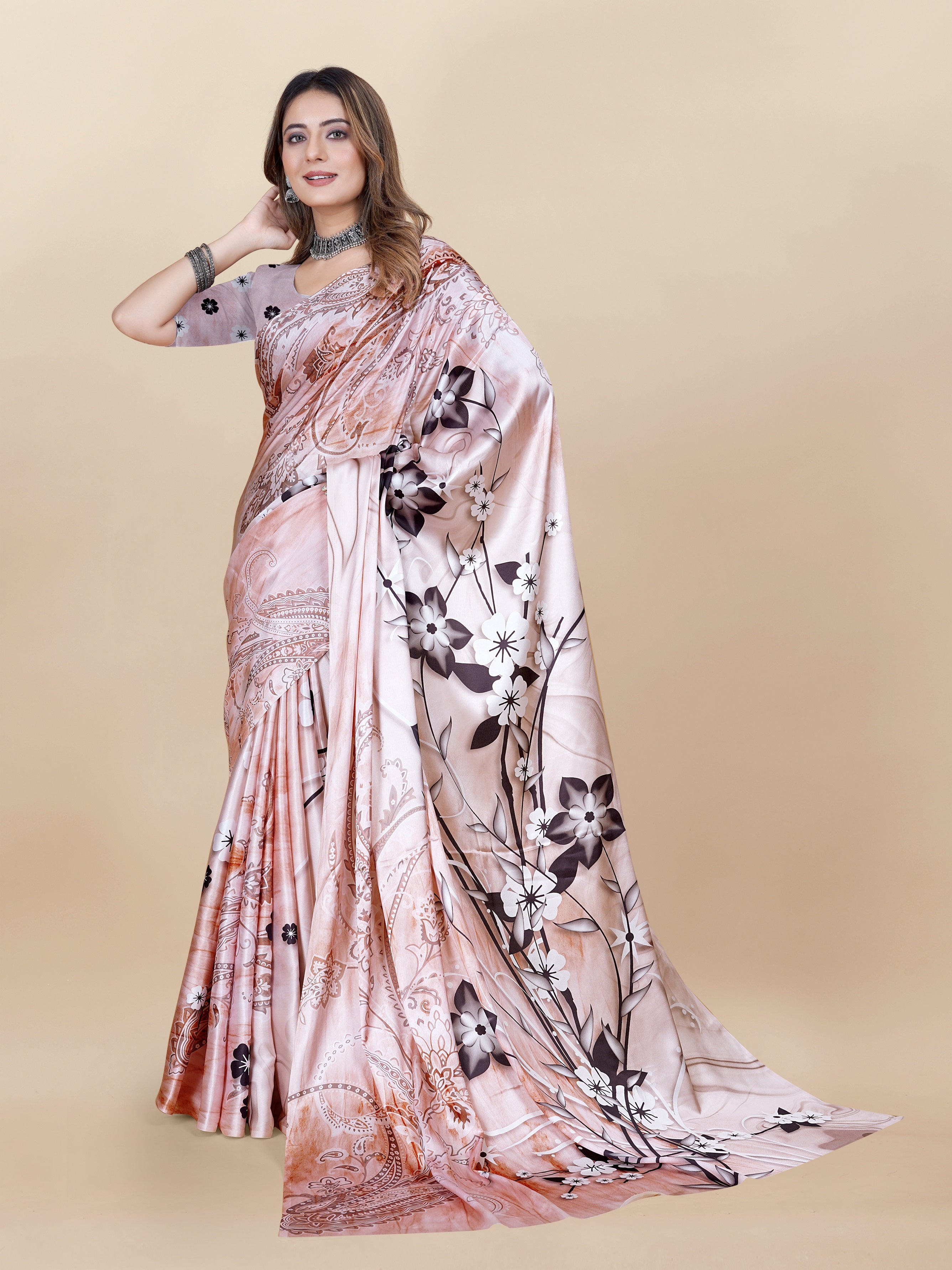Vedant Vastram Digital Print Japan Satin Silk Party Wear Saree with Unstitched Blouse Piece - Beige | Grocsy
