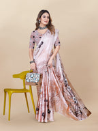 Vedant Vastram Digital Print Japan Satin Silk Party Wear Saree with Unstitched Blouse Piece - Beige | Grocsy