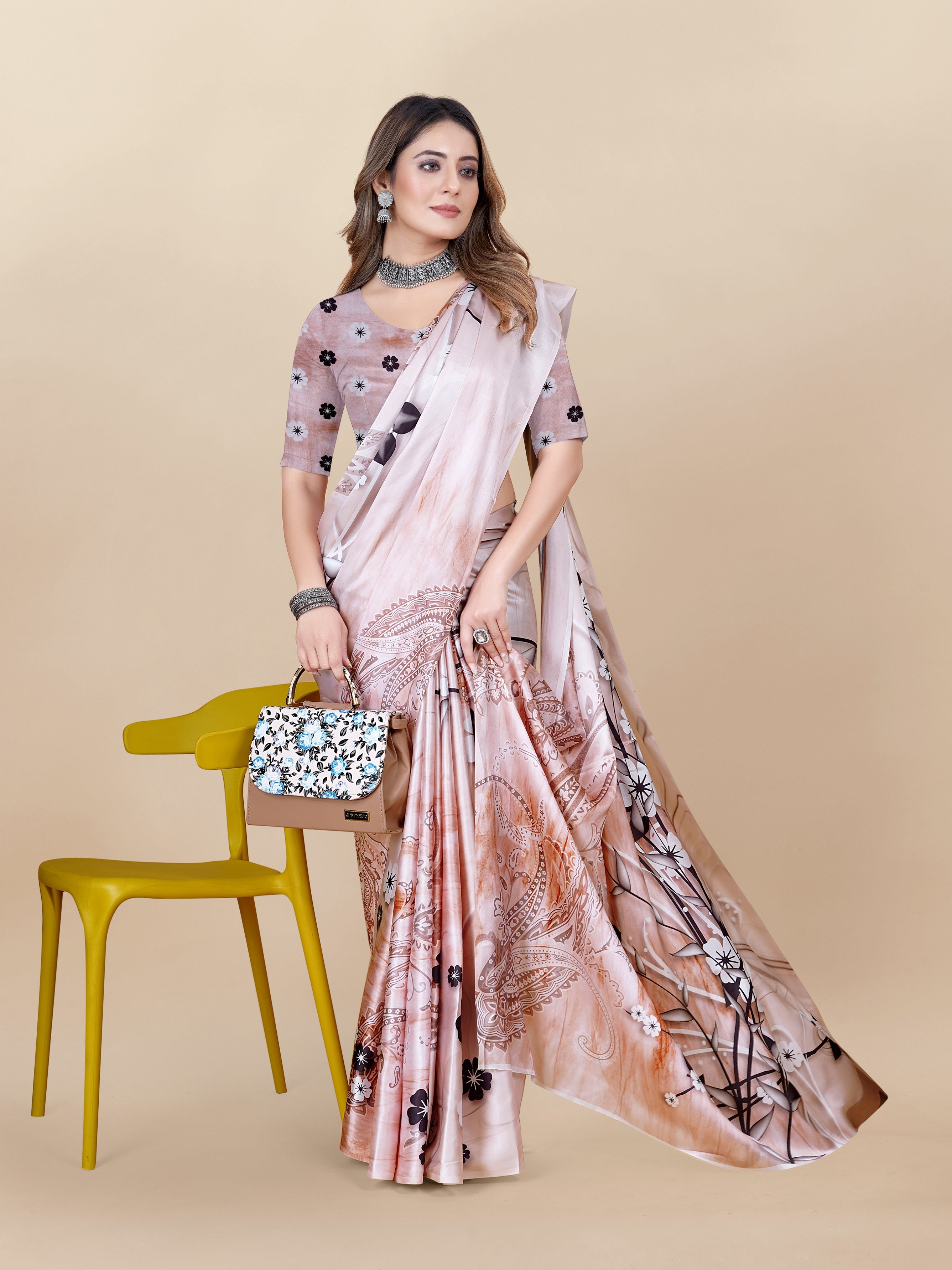 Vedant Vastram Digital Print Japan Satin Silk Party Wear Saree with Unstitched Blouse Piece - Beige | Grocsy