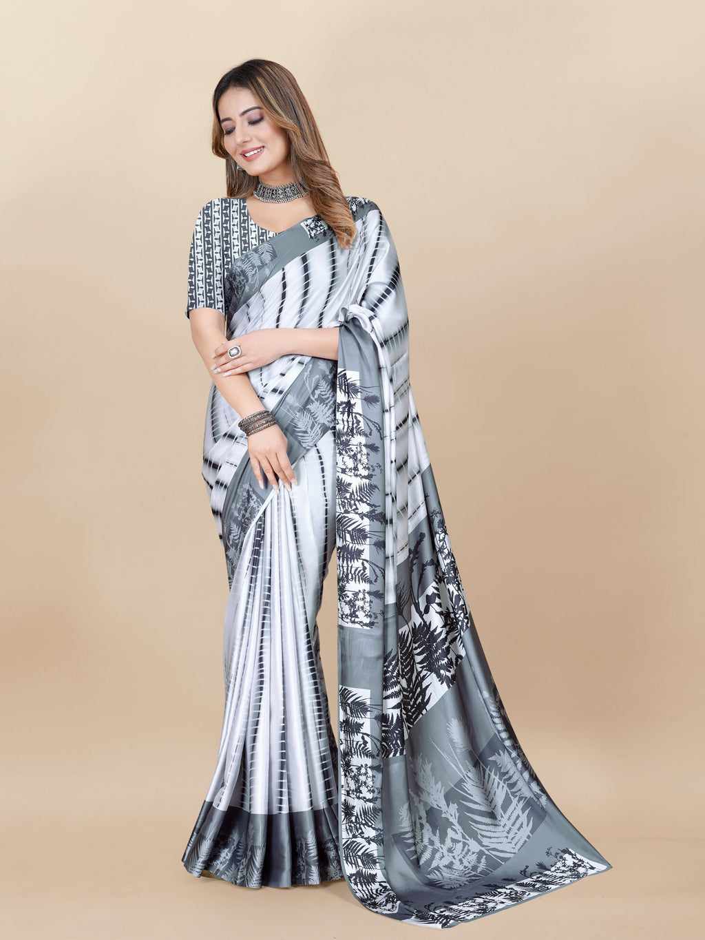 Vedant Vastram Digital Print Japan Satin Silk Party Wear Saree with Unstitched Blouse Piece - White | Grocsy