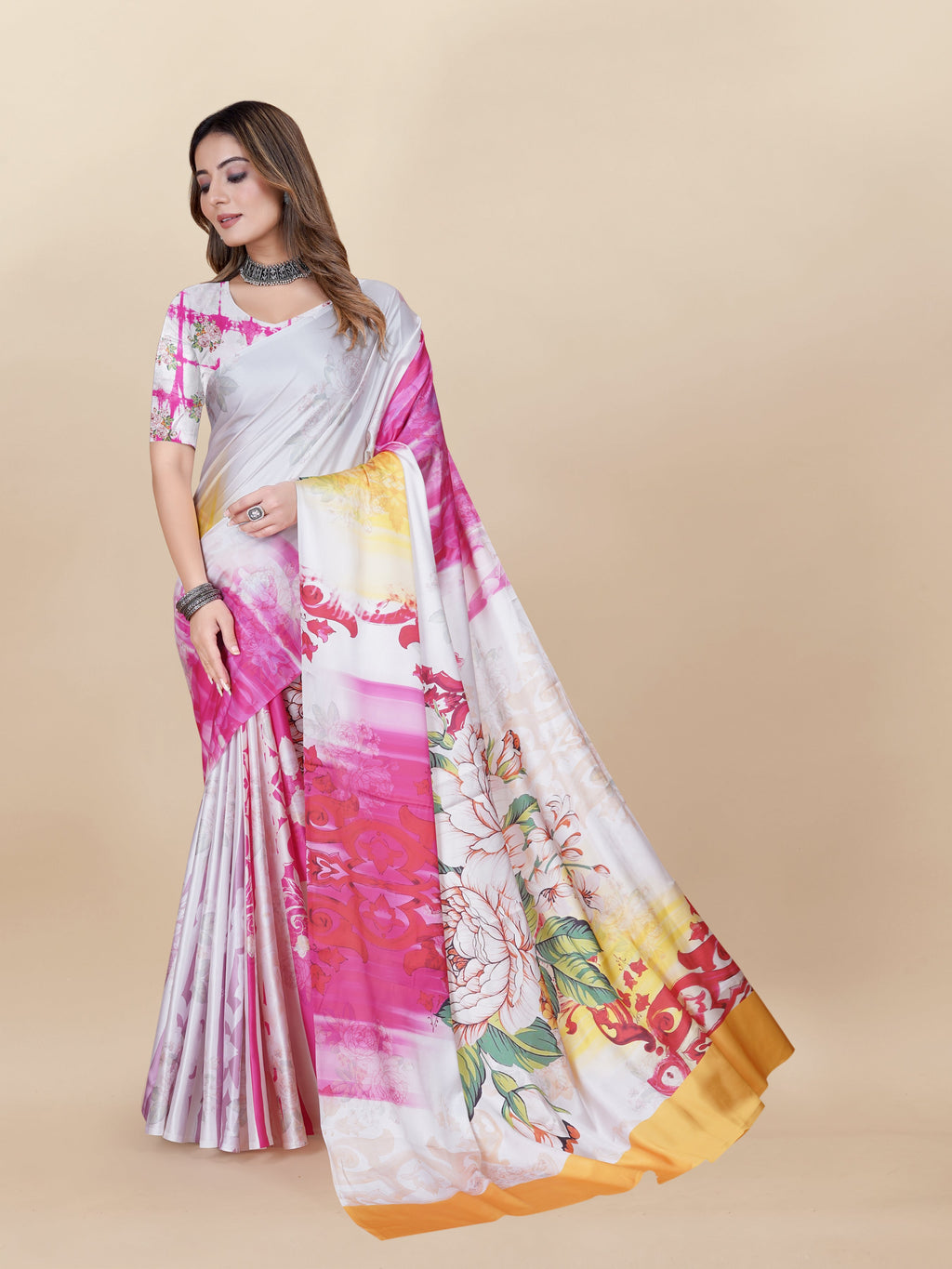Vedant Vastram Digital Print Japan Satin Silk Party Wear Saree with Unstitched Blouse Piece - Pink | Grocsy