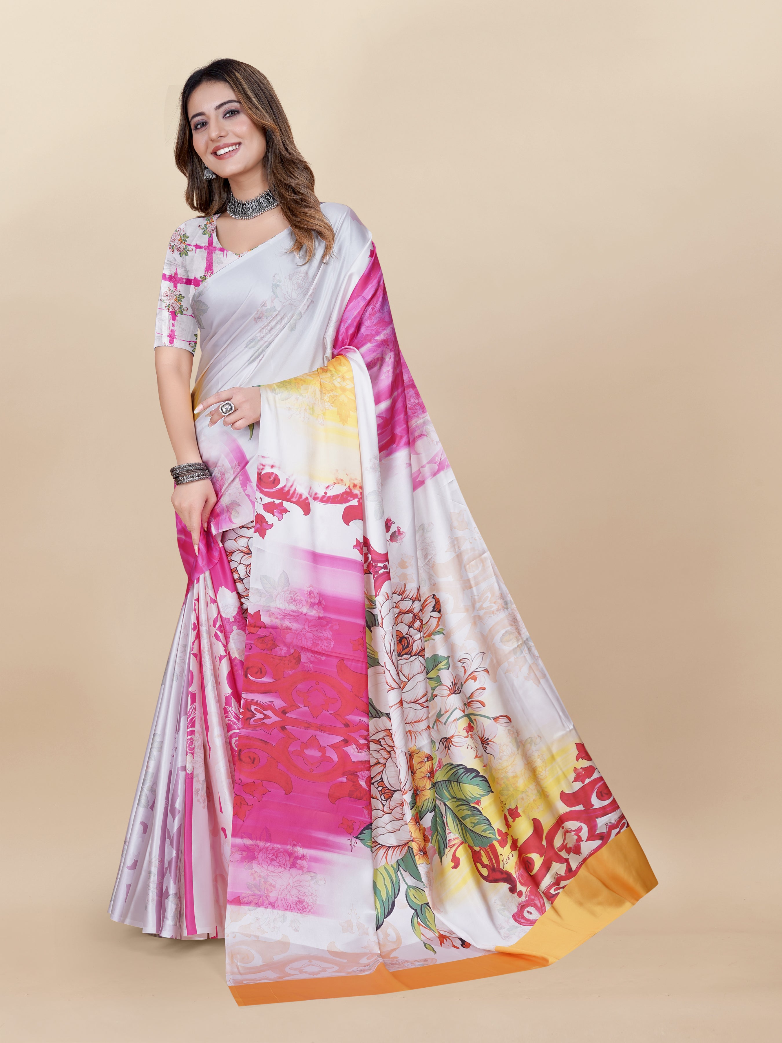 Vedant Vastram Digital Print Japan Satin Silk Party Wear Saree with Unstitched Blouse Piece - Pink | Grocsy