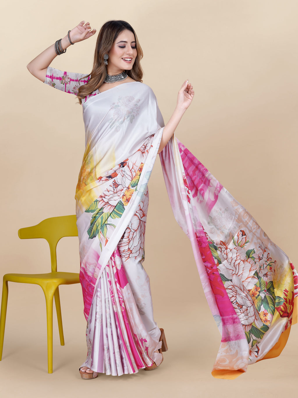 Vedant Vastram Digital Print Japan Satin Silk Party Wear Saree with Unstitched Blouse Piece - Pink | Grocsy