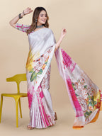 Vedant Vastram Digital Print Japan Satin Silk Party Wear Saree with Unstitched Blouse Piece - Pink | Grocsy