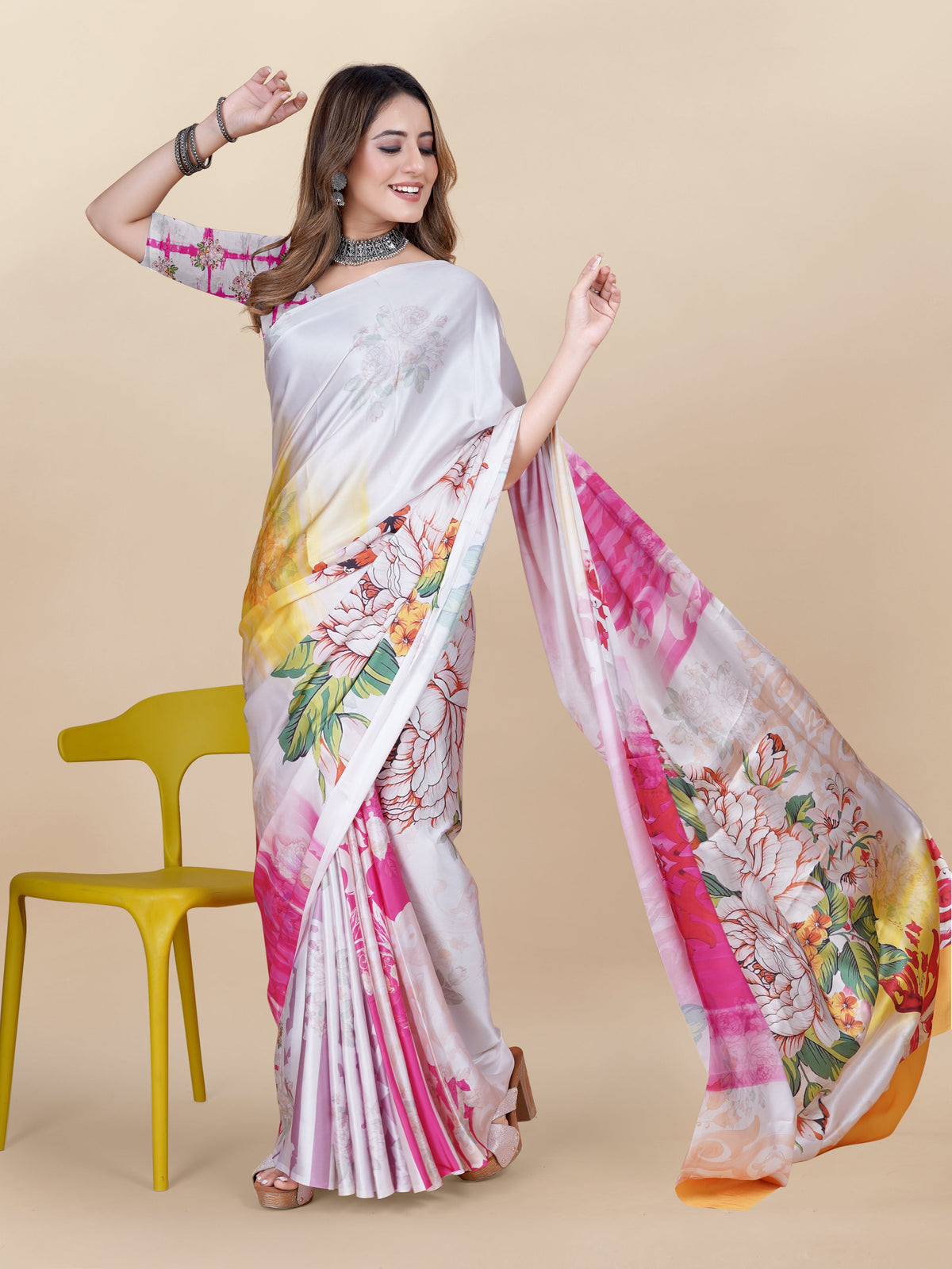 Vedant Vastram Digital Print Japan Satin Silk Party Wear Saree with Unstitched Blouse Piece - Pink | Grocsy