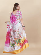 Vedant Vastram Digital Print Japan Satin Silk Party Wear Saree with Unstitched Blouse Piece - Pink | Grocsy