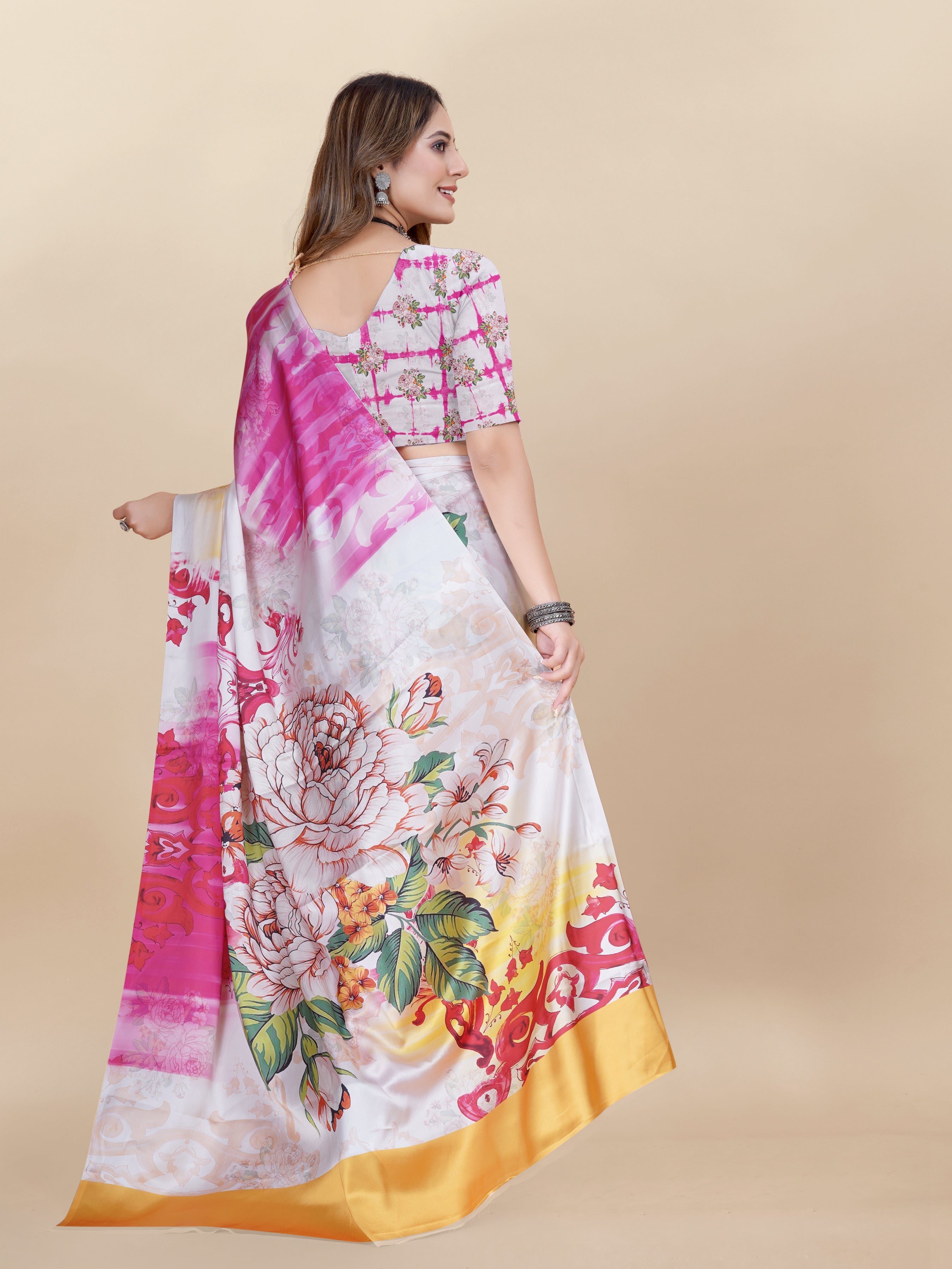 Vedant Vastram Digital Print Japan Satin Silk Party Wear Saree with Unstitched Blouse Piece - Pink | Grocsy