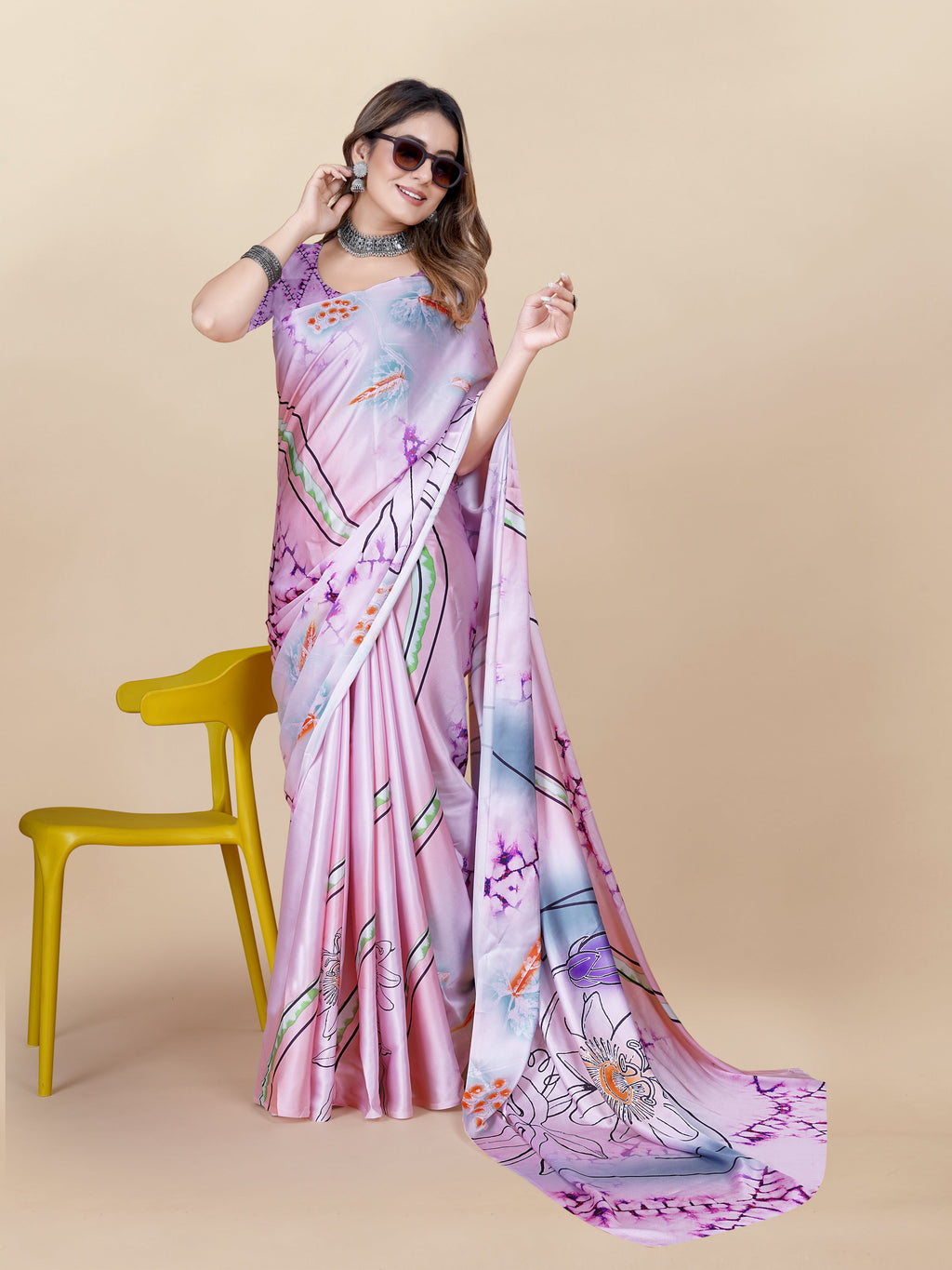 Vedant Vastram Digital Print Japan Satin Silk Party Wear Saree with Unstitched Blouse Piece - Purple | Grocsy