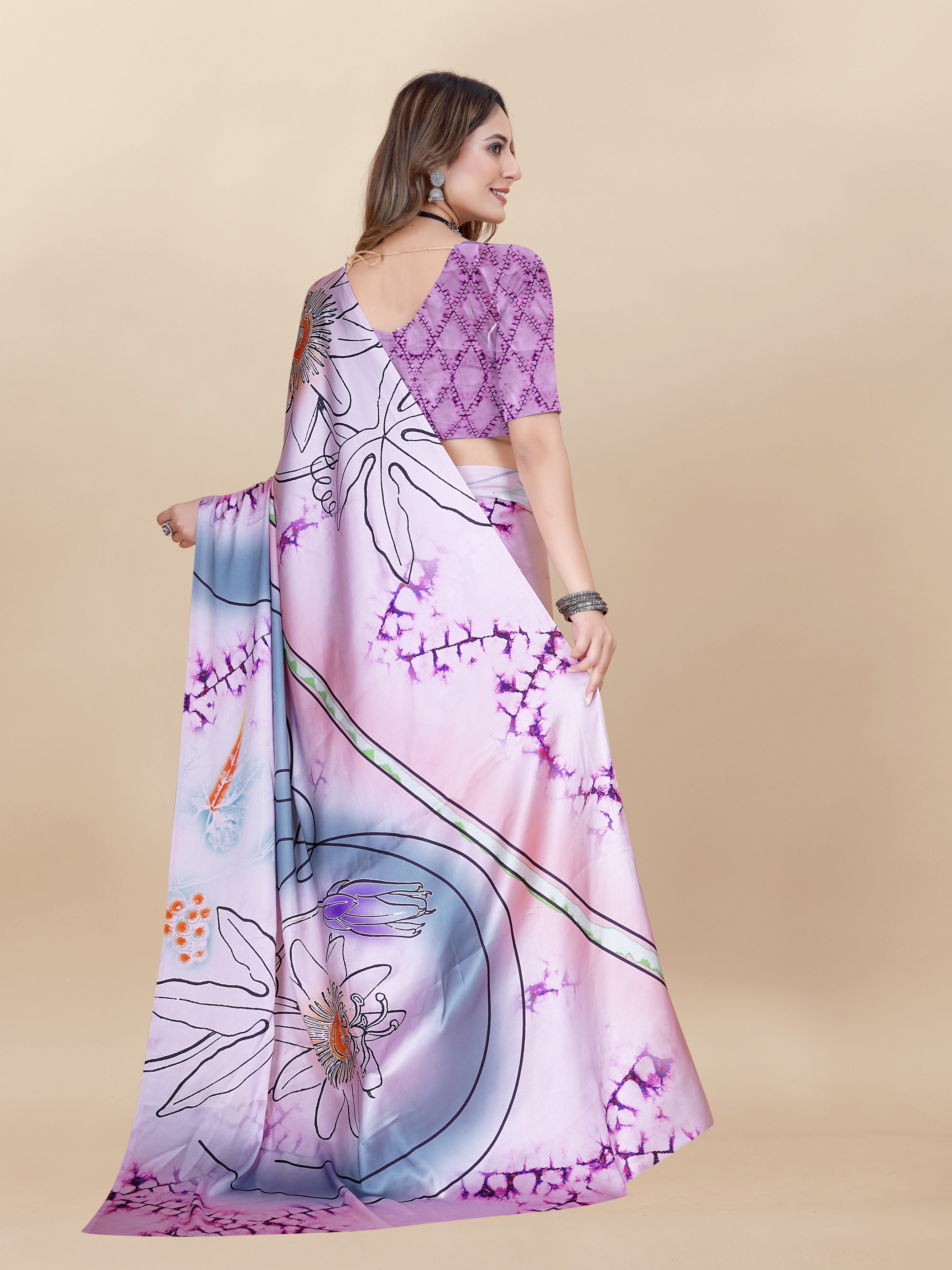 Vedant Vastram Digital Print Japan Satin Silk Party Wear Saree with Unstitched Blouse Piece - Purple | Grocsy