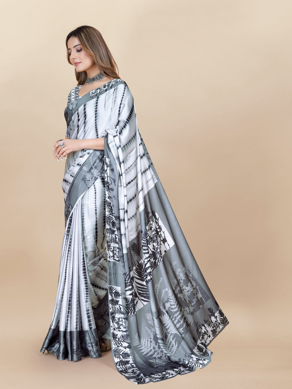 Vedant Vastram Digital Print Japan Satin Silk Party Wear Saree with Unstitched Blouse Piece - White | Grocsy