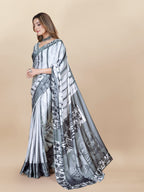 Vedant Vastram Digital Print Japan Satin Silk Party Wear Saree with Unstitched Blouse Piece - White | Grocsy