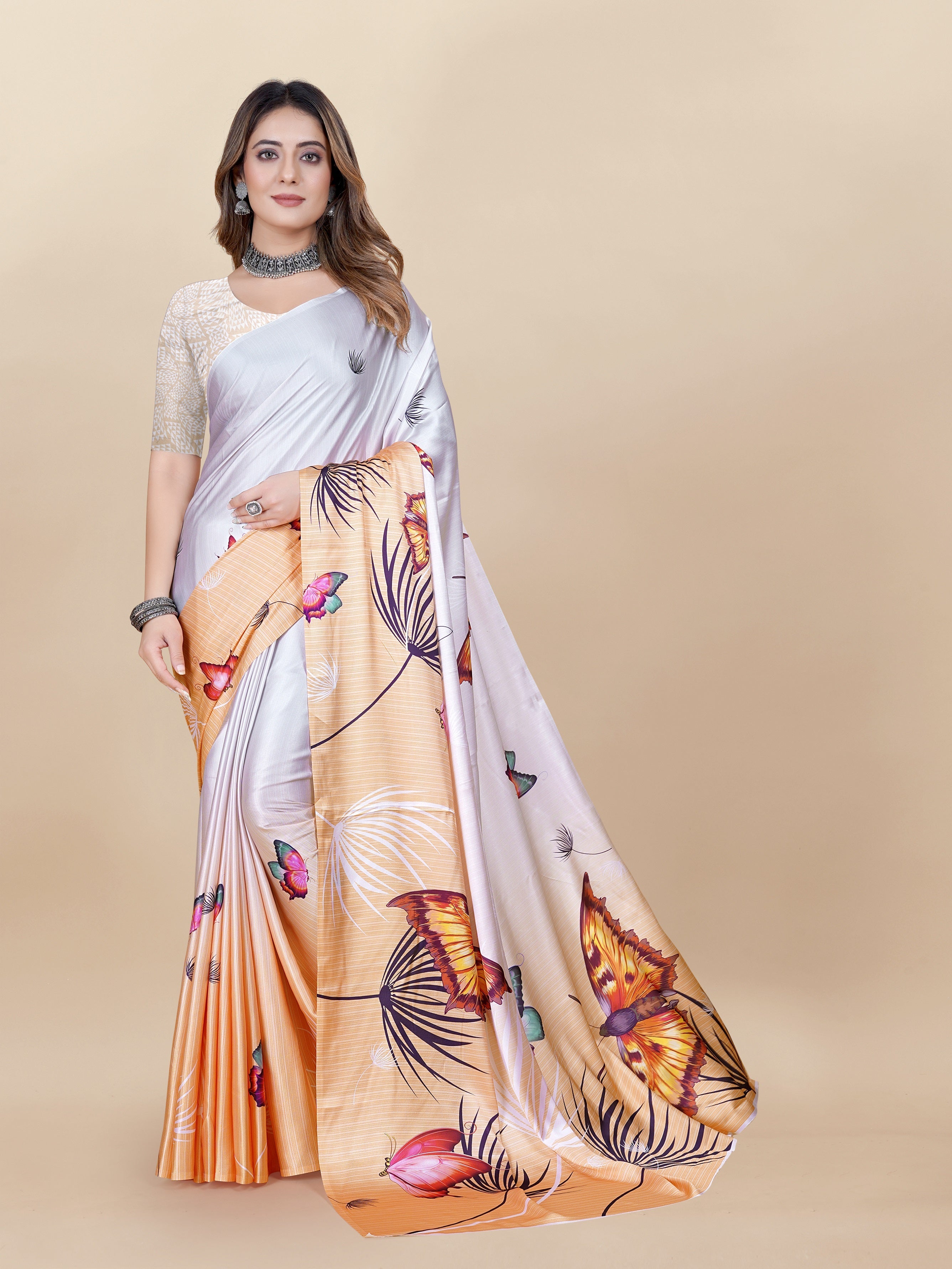 Vedant Vastram Digital Print Japan Satin Silk Party Wear Saree with Unstitched Blouse Piece - Orange | Grocsy