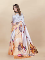 Vedant Vastram Digital Print Japan Satin Silk Party Wear Saree with Unstitched Blouse Piece - Orange | Grocsy