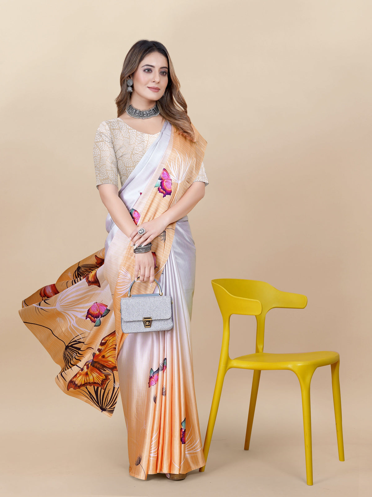 Vedant Vastram Digital Print Japan Satin Silk Party Wear Saree with Unstitched Blouse Piece - Orange | Grocsy