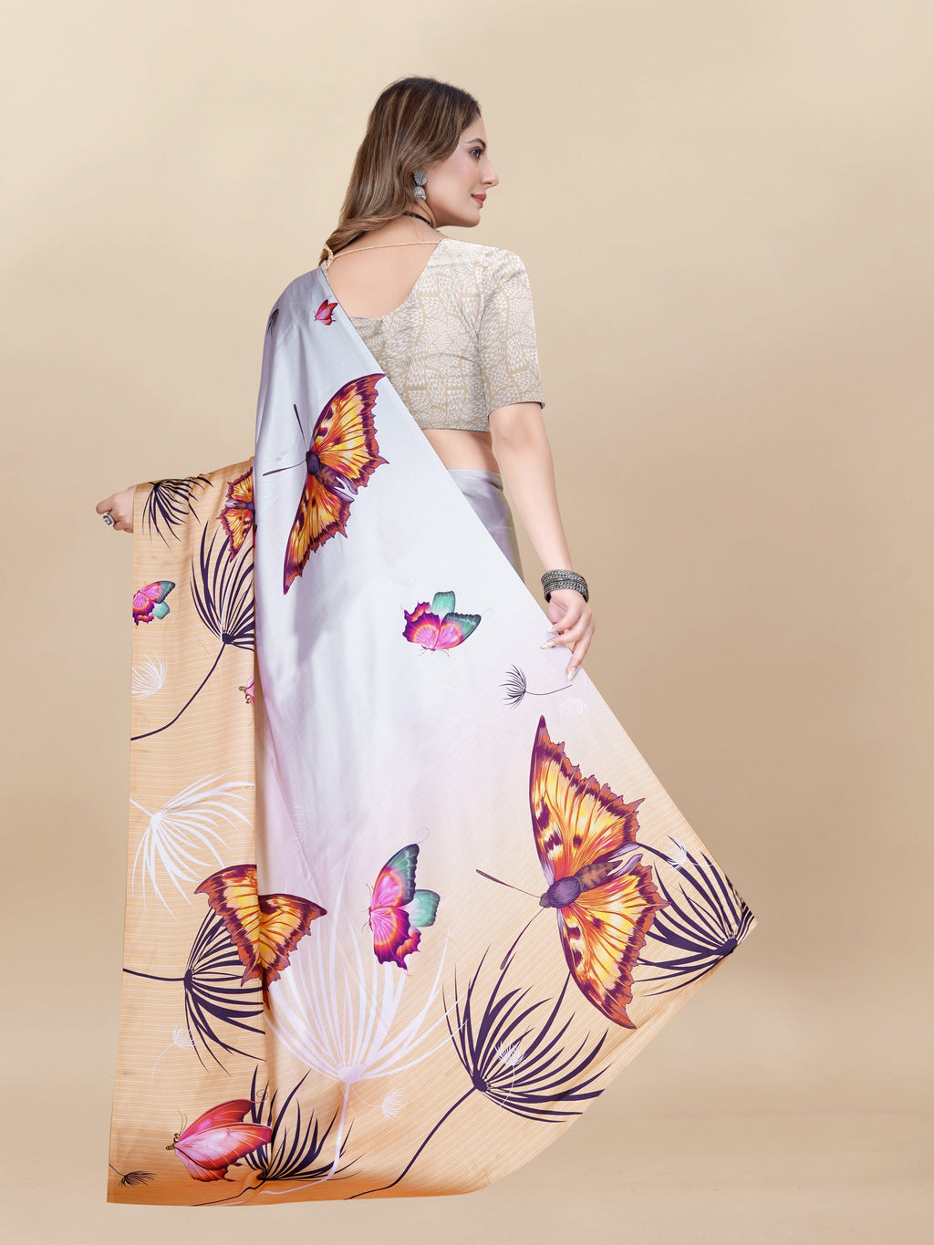 Vedant Vastram Digital Print Japan Satin Silk Party Wear Saree with Unstitched Blouse Piece - Orange | Grocsy