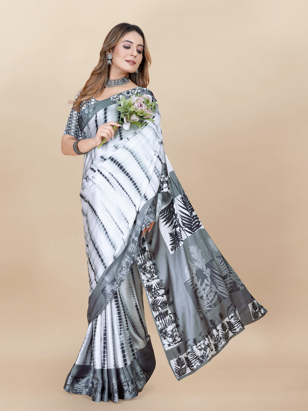 Vedant Vastram Digital Print Japan Satin Silk Party Wear Saree with Unstitched Blouse Piece - White | Grocsy