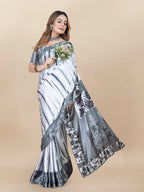 Vedant Vastram Digital Print Japan Satin Silk Party Wear Saree with Unstitched Blouse Piece - White | Grocsy