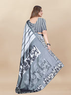 Vedant Vastram Digital Print Japan Satin Silk Party Wear Saree with Unstitched Blouse Piece - White | Grocsy
