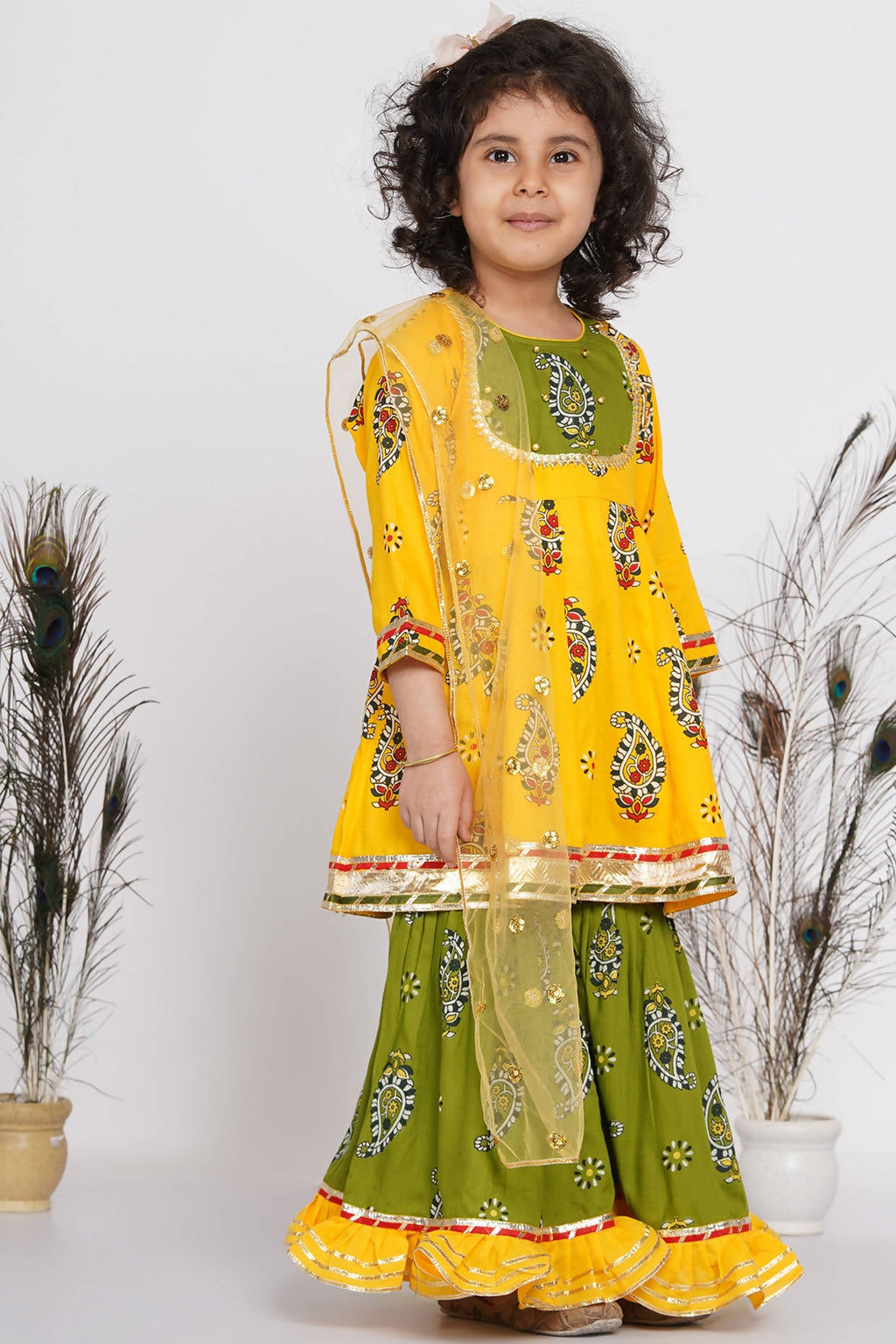 Little Bansi Girls Cotton Floral Kurta with Frill Sharara & Dupatta - Yellow & Green | Grocsy
