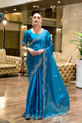 Vastranavya Sea Blue Embroidery Work Shimmer Chiffon Saree with Unstitched Blouse | Grocsy