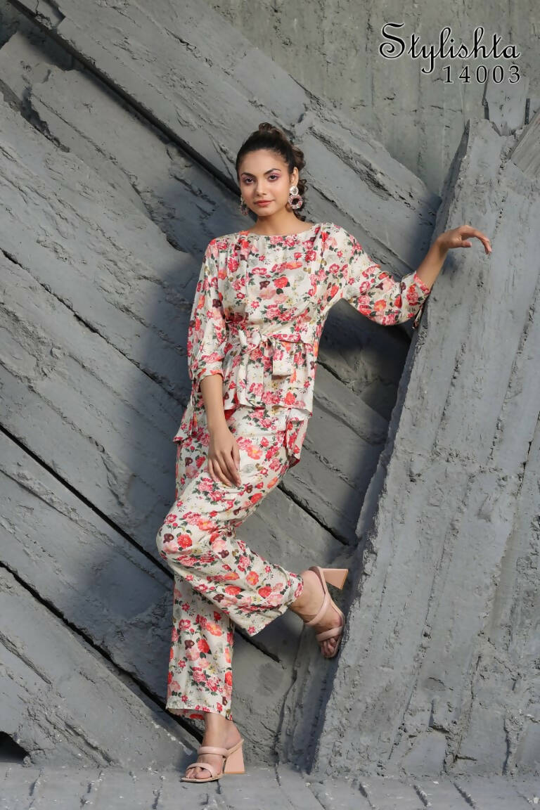 Women's Partywear Designer White & Multi Muslin co-ord set - Stylishta | Grocsy