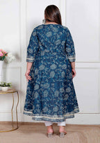 Miravan Plus Size Women'S Blue Cotton Embroidered Neck Anarkali Kurta | Grocsy