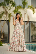 Aayaa Designer Cambric Cotton Printed Full Flaired Gown - Multi Color | Grocsy