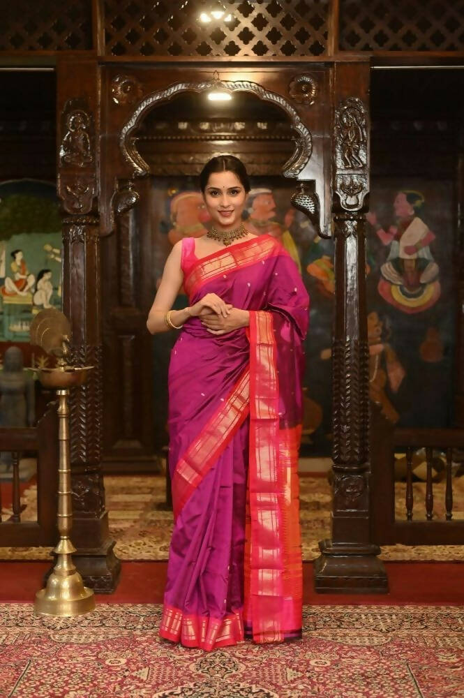 Very Much Indian Pure Silk Paithani With Most Magenta With Contrast Pink | Grocsy