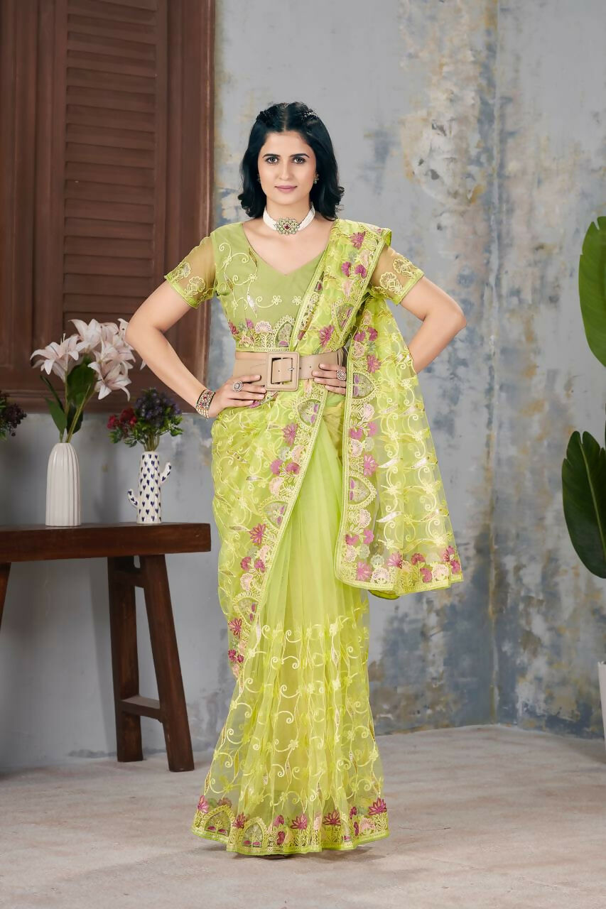 Vastranavya Soft Crush Georgette With Embroidery and Foil Multi Thread Work Saree - Light olive | Grocsy