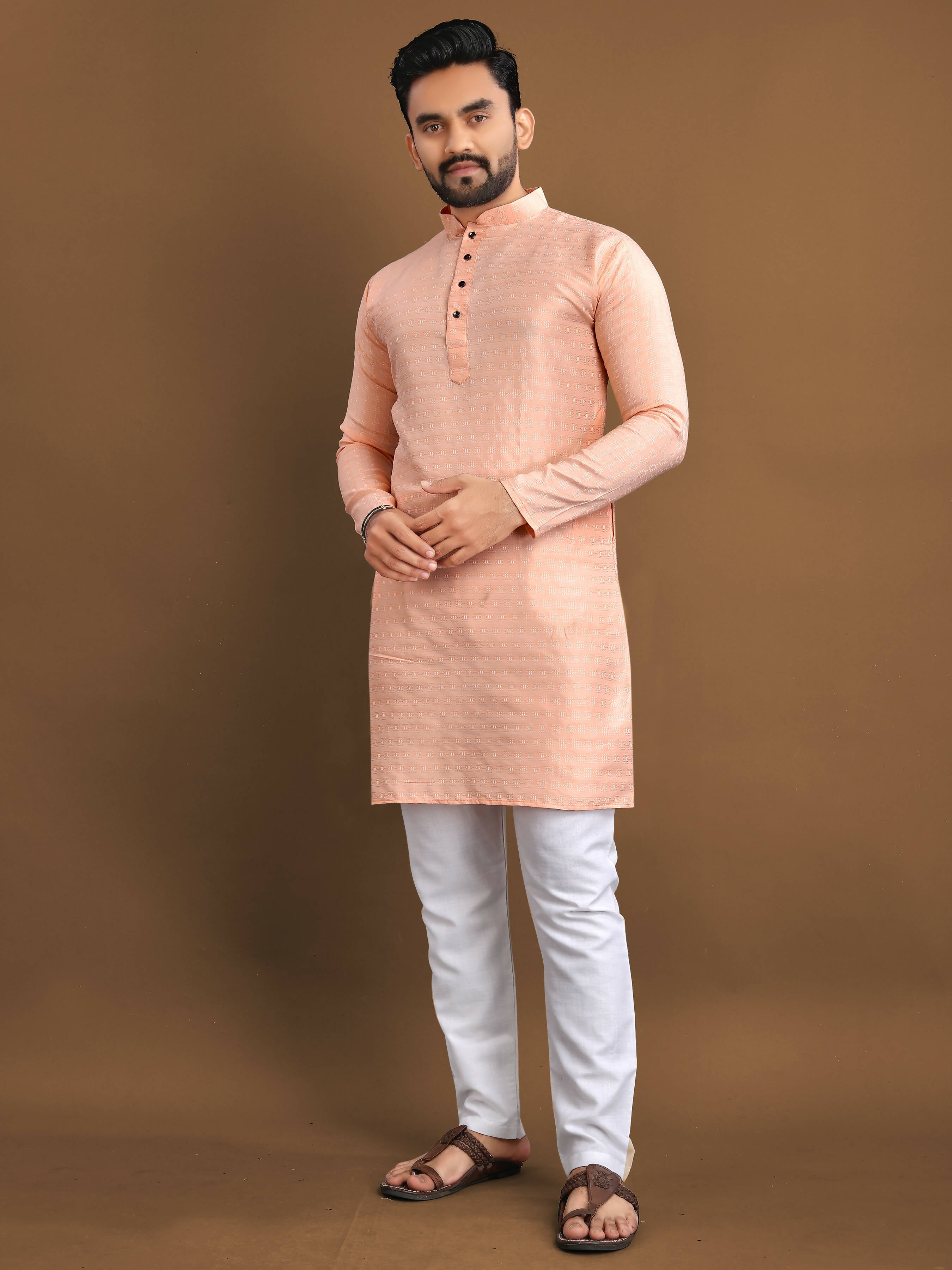 Full Stitched Kurta Pajama Set for Men by Infinity Export - Orange-Peach | Grocsy