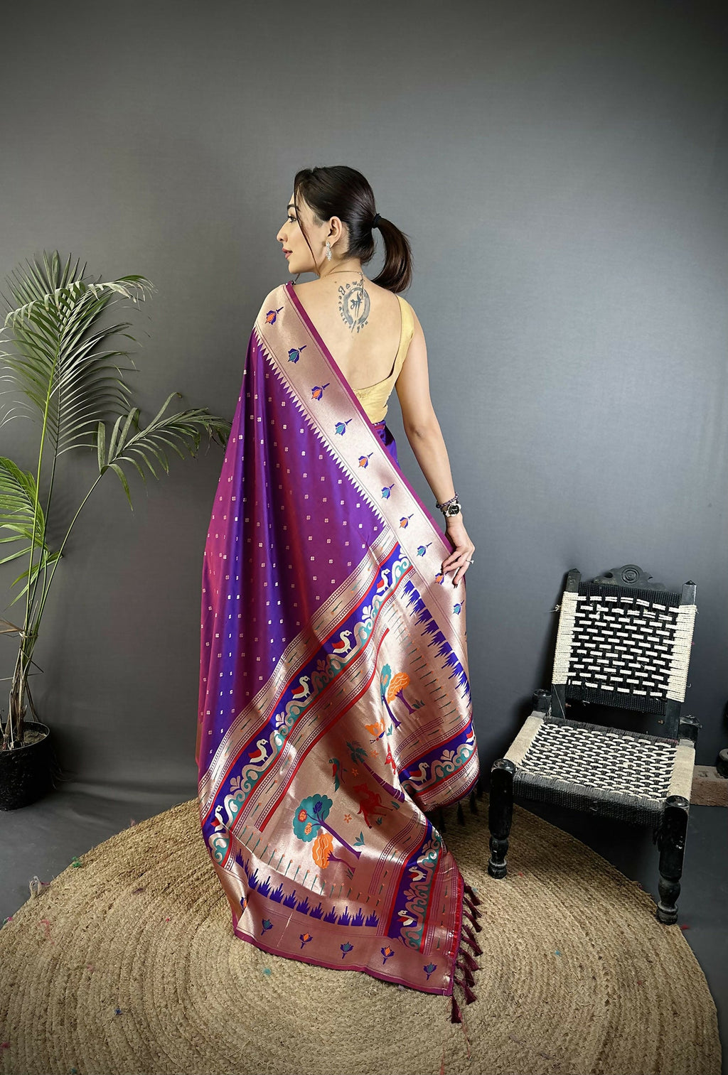 Joban Fashion Magenta Peacock & Floral Motifs Soft Lichi Silk Kanchipuram Saree | Grocsy