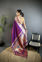Joban Fashion Magenta Peacock & Floral Motifs Soft Lichi Silk Kanchipuram Saree | Grocsy