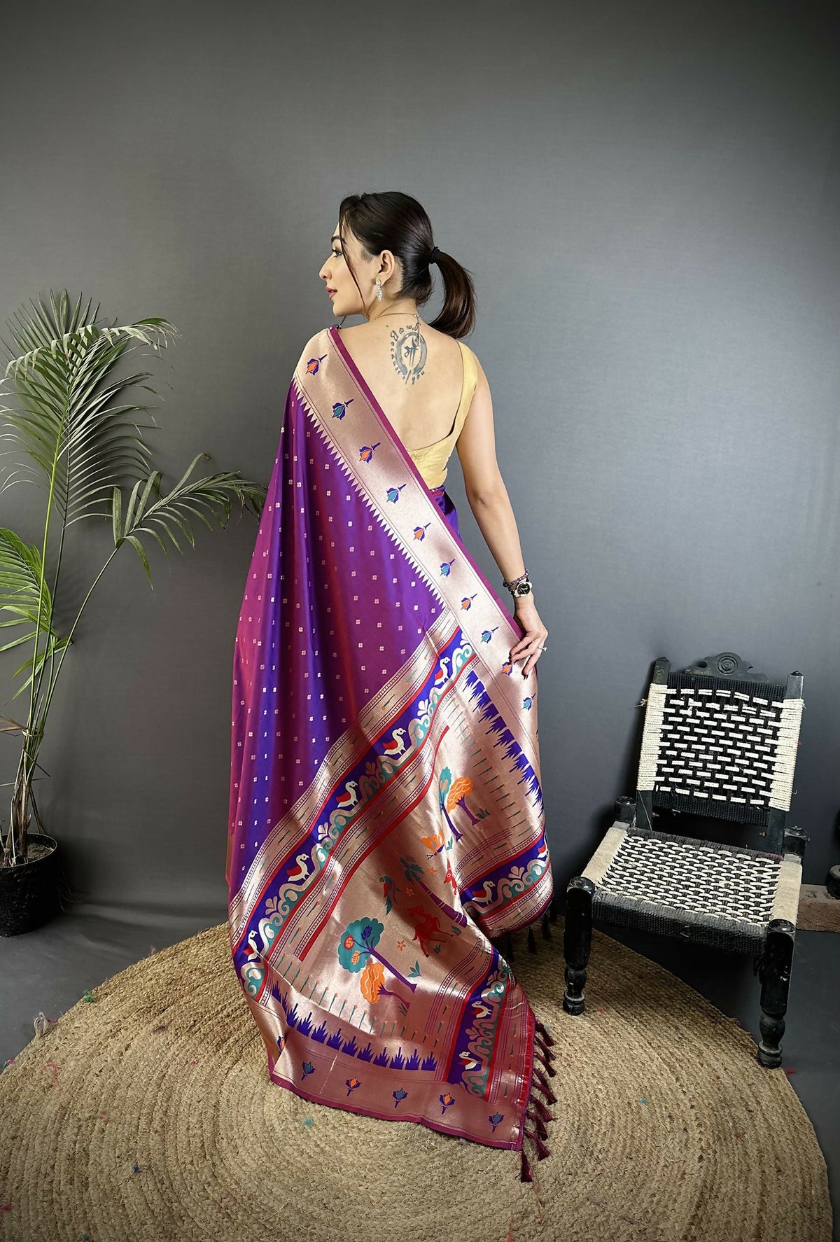 Joban Fashion Magenta Peacock & Floral Motifs Soft Lichi Silk Kanchipuram Saree | Grocsy