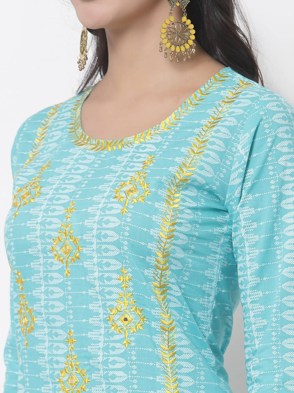 Myshka Women Turquoise Blue Layered Pure Cotton Kurti With Trousers & Dupatta | Grocsy