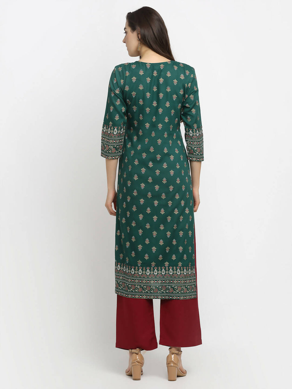 Rudra Bazaar Green Printed Yoke Designed Straight Kurta with Maroon Pyjamas | Grocsy