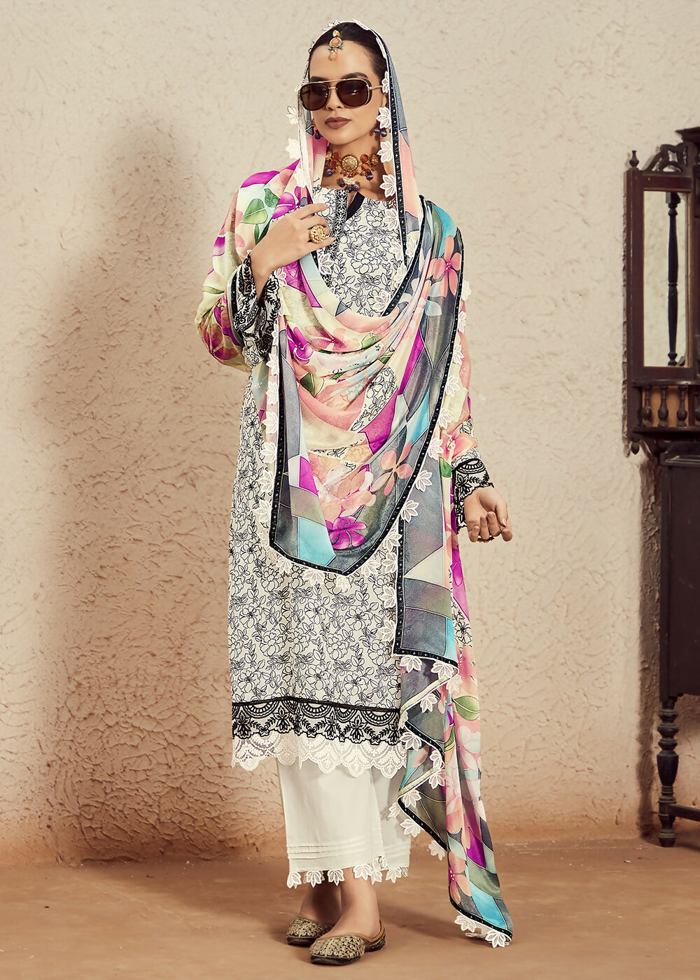 Muslin Cotton Digital Print & Embroidered Off White Salwar Suit - Emponline | Grocsy