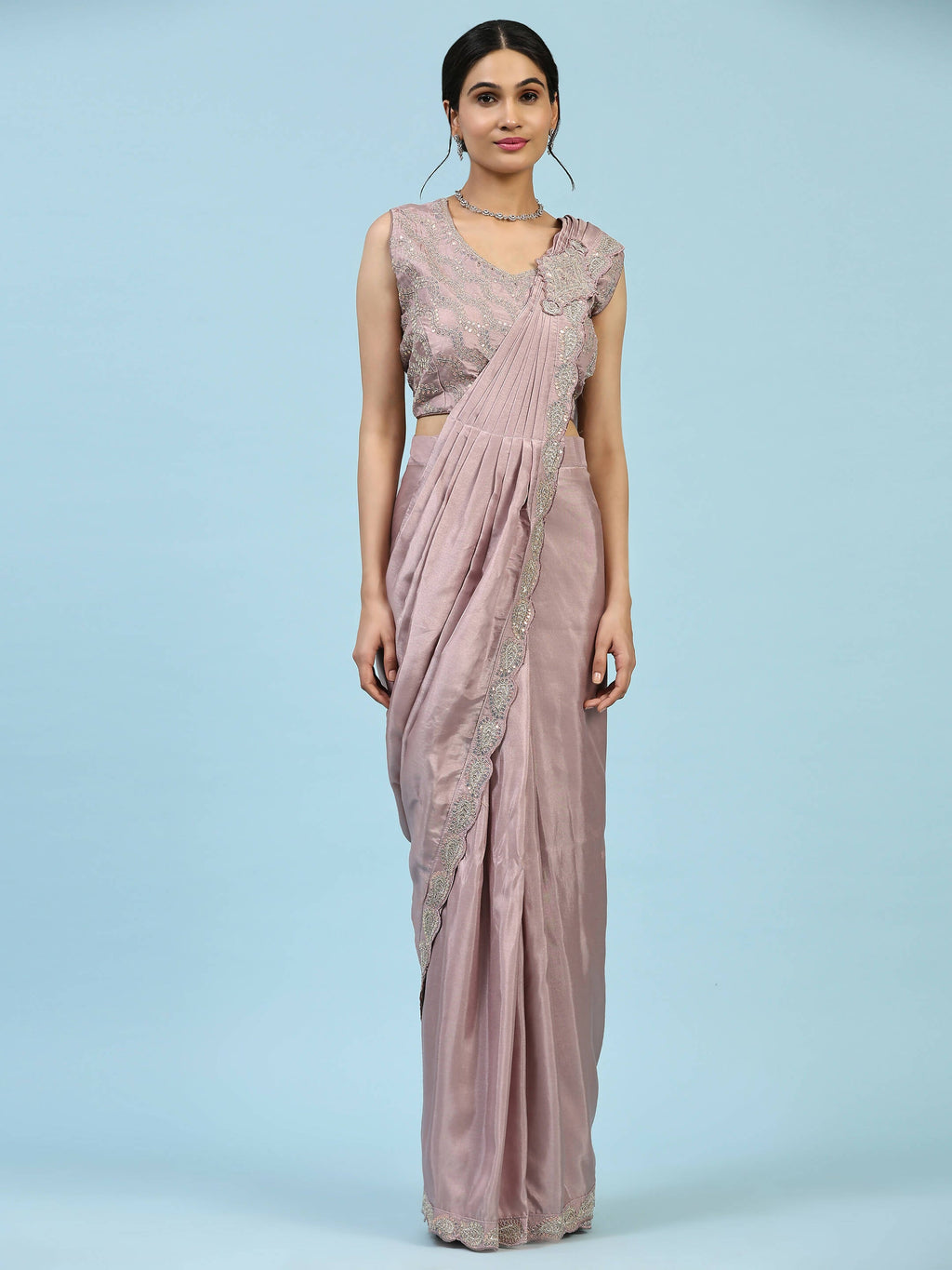 Lavendar Silk Satin Plain Ready to wear Saree with stitched Blouse - Vrinda | Grocsy
