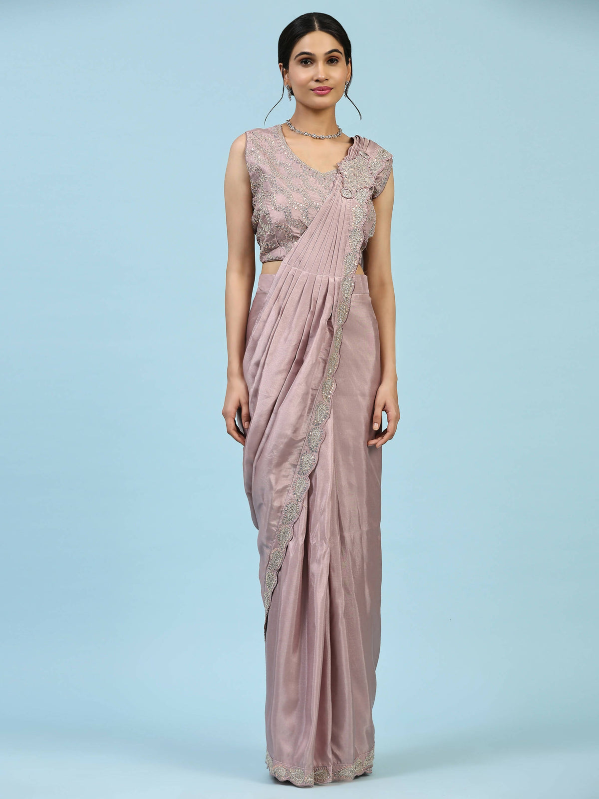 Lavendar Silk Satin Plain Ready to wear Saree with stitched Blouse - Vrinda | Grocsy