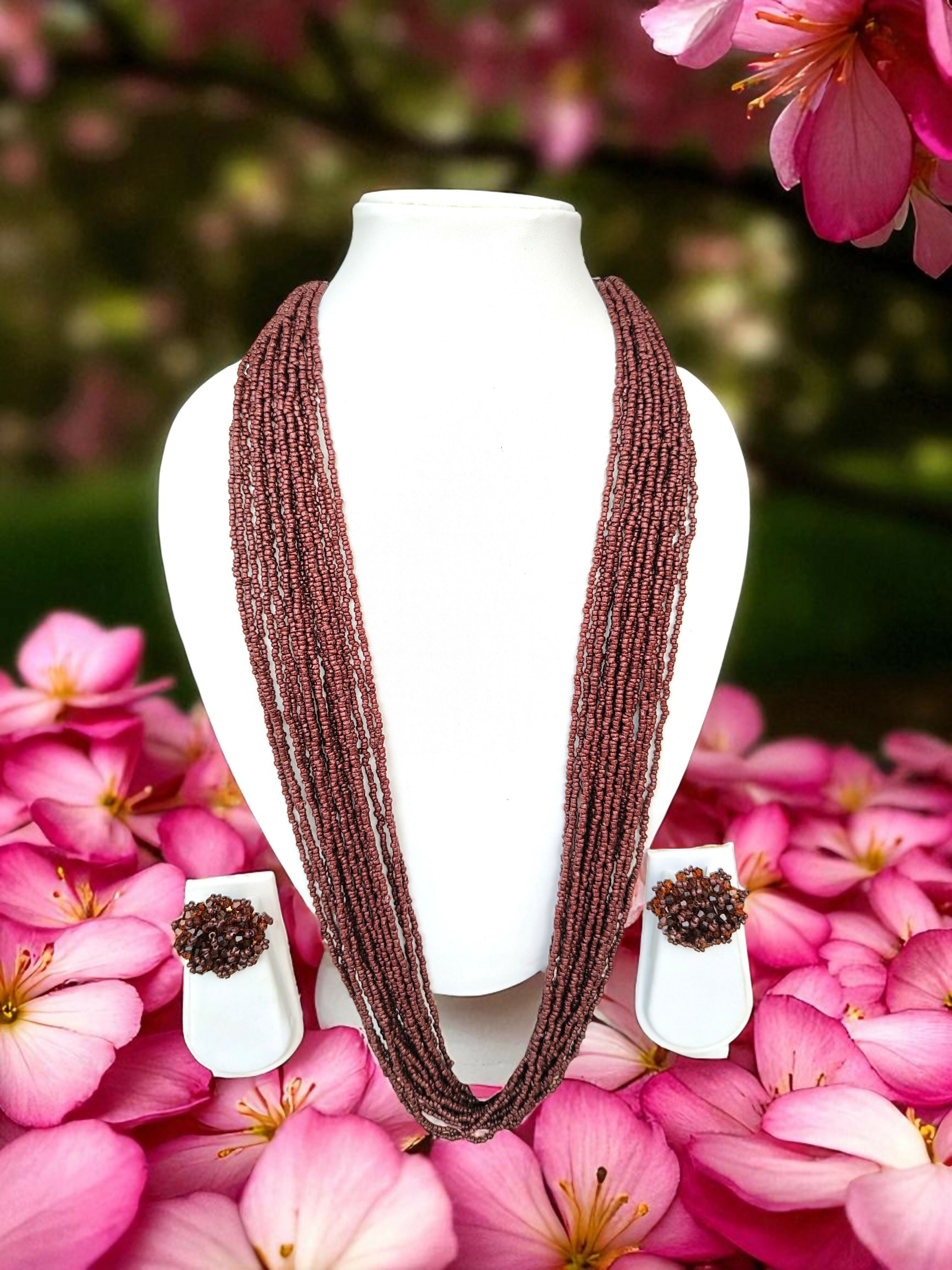Inhanns Rangsaaz 20-Layer Luxe Long Beaded Necklace (With Optional Statement Earrings) - Coffee Brown With Earring | Grocsy
