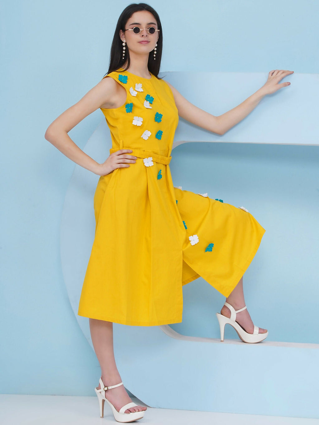 Joban Fashion Yellow Dress with 3D Flower Embroidery and Belt | Grocsy