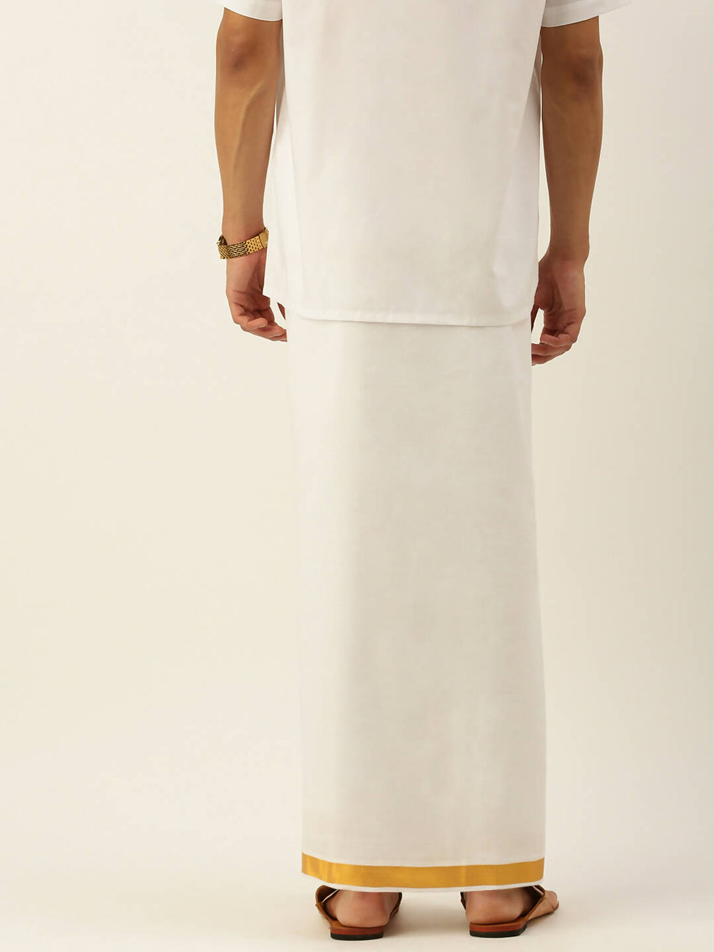 Ramraj Cotton Mens Pure Cotton 1 Inch Gold Jari Dhoti - Cream | Grocsy