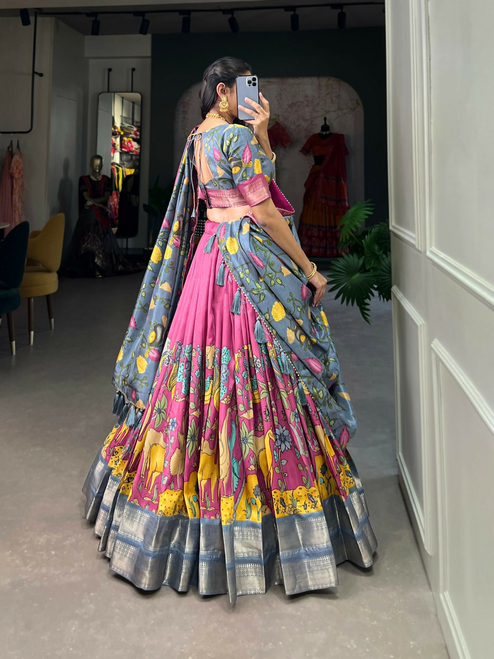 Vastranavya Kalamkari Printed Dola Silk Lehenga Choli - Pink | Grocsy