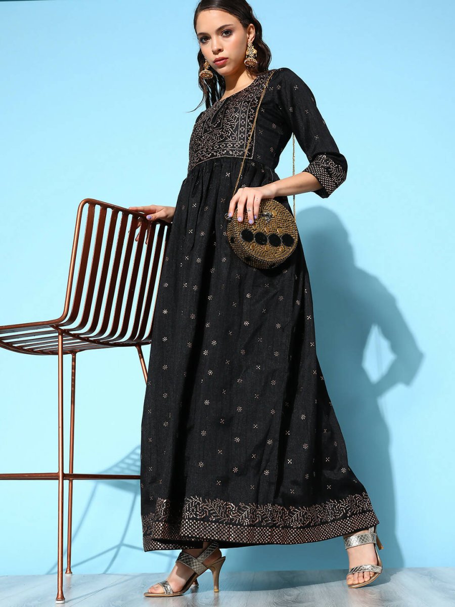 Ahalyaa Women Black Poly Silk Printed Dress | Grocsy