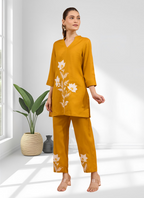 Joban Fashion Mustard Cotton, Linen Embroidered Readymade Cord Set | Grocsy