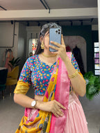 Vastranavya Kalamkari Print With Weaving Border Lehenga with Unstitched Blouse - Pink | Grocsy