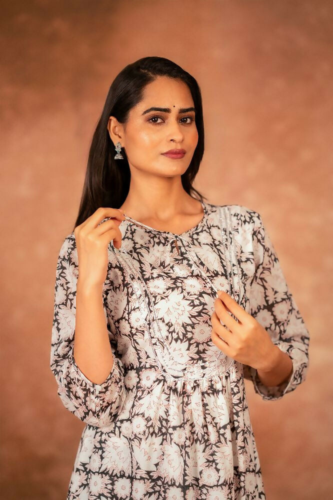 Joban Fashion Black Floral Hand Block Printed Cotton Kurta Pant Set | Grocsy
