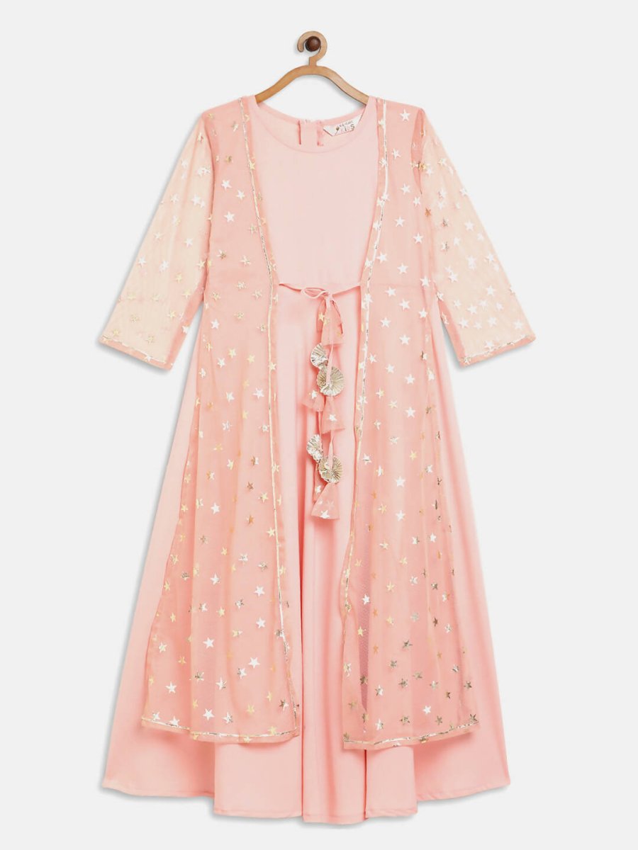 Ahalyaa Pink Crepe & Net Foil Print Kids Dress For Girls | Grocsy