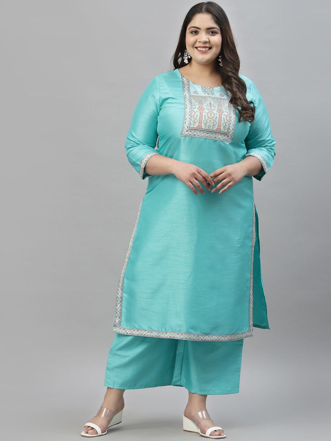Sztori Plus Size Ethnic Motifs Yoke Design Straight Kurta With Palazzos | Grocsy